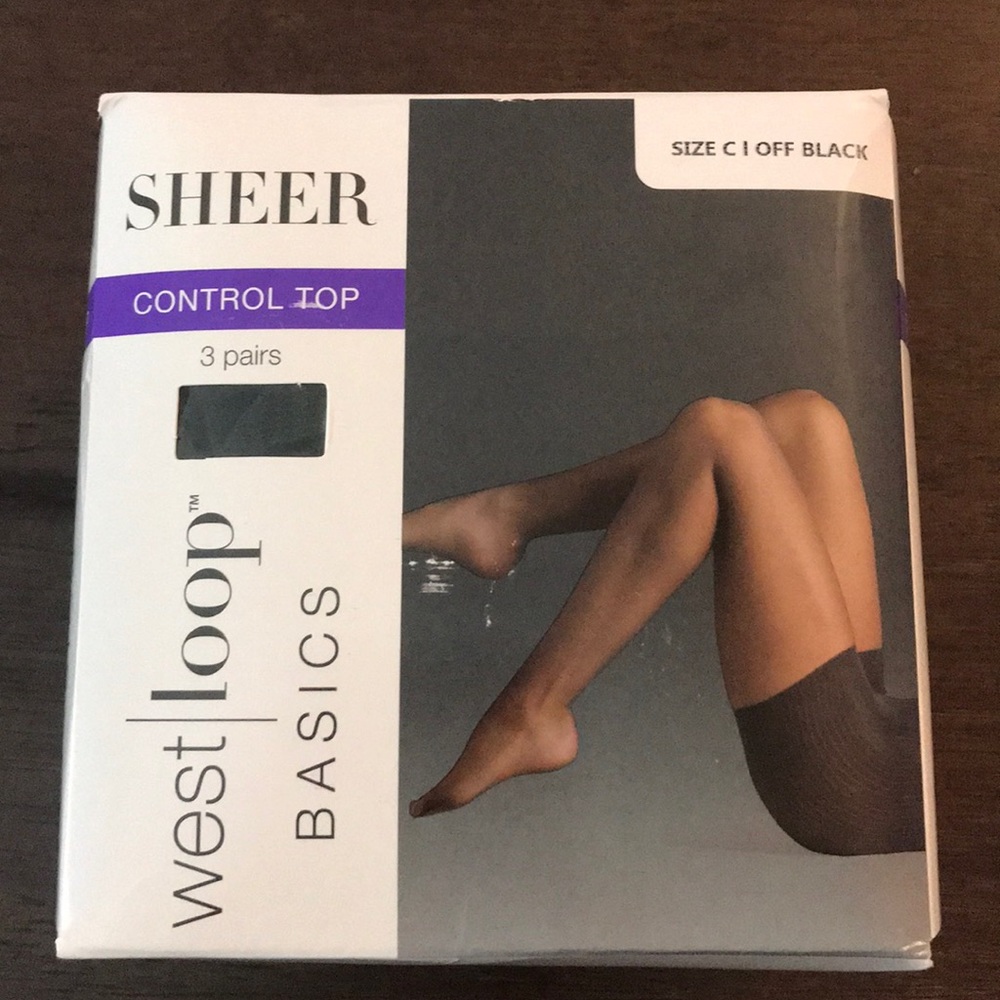 West Loop sheer toe black control top hose 3 pair